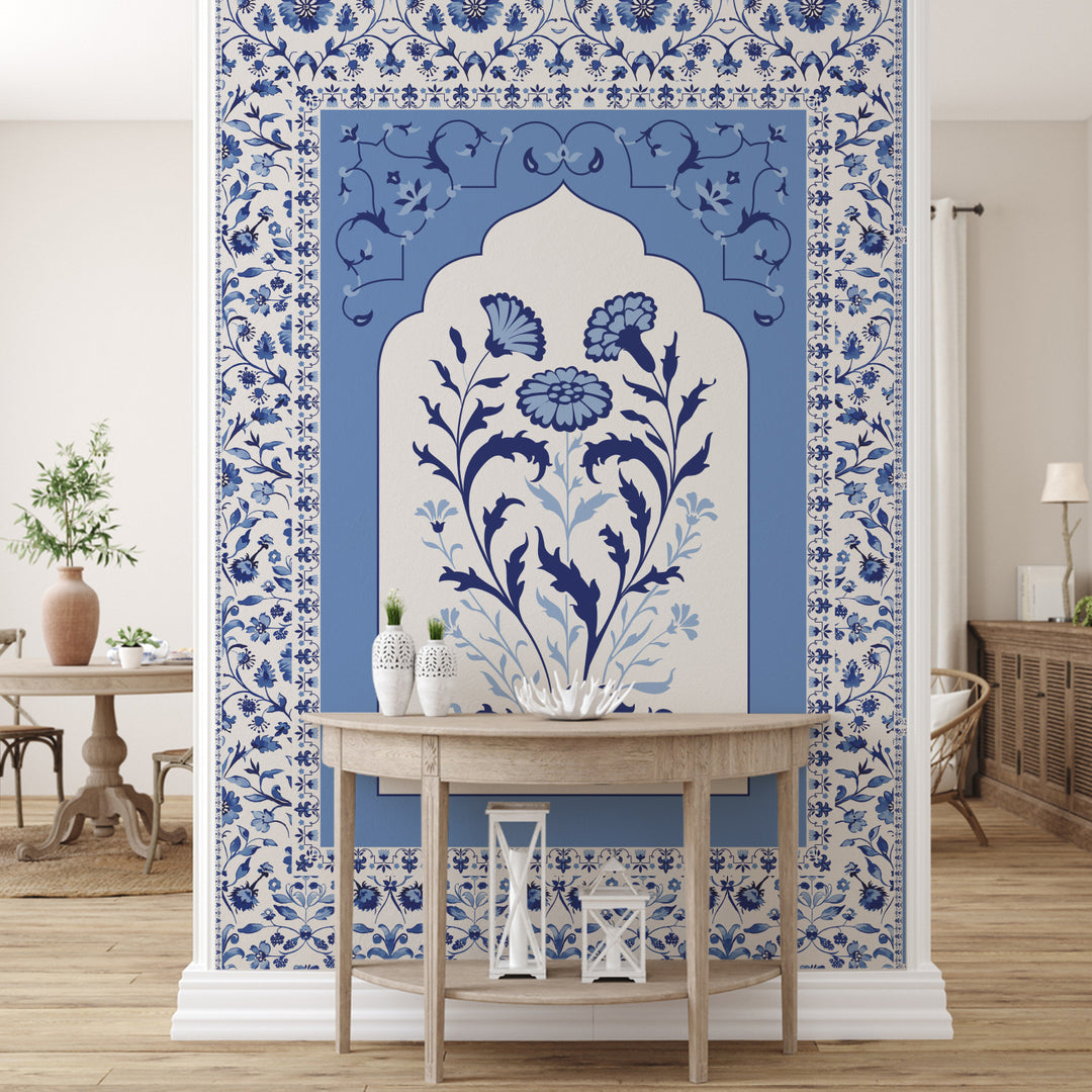 Blue Pottery Elegance – Mughal Floral Wallpaper Mural (PATCH003)