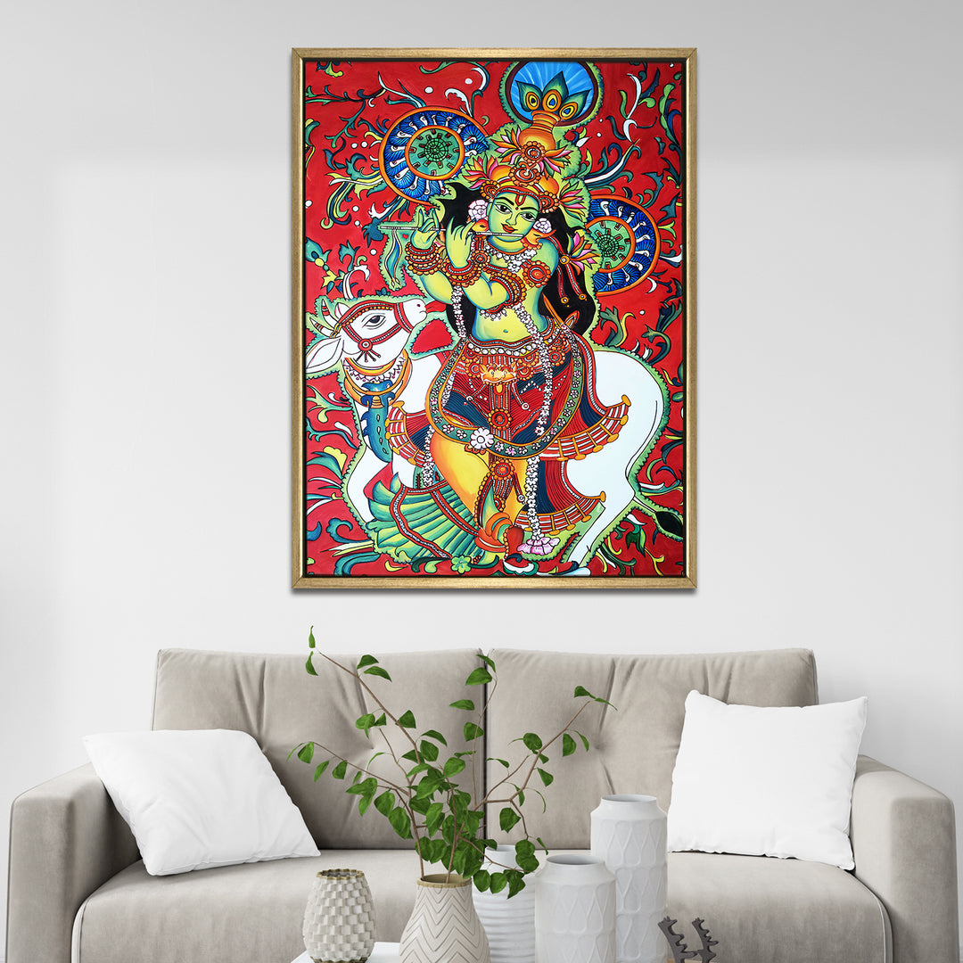 Kerala Mural Canvas Print Painting with Golden Floating Frame – Traditional Indian Wall Art for Home & Office Decor – Size: 3X4 Feet (KAMUWA09)