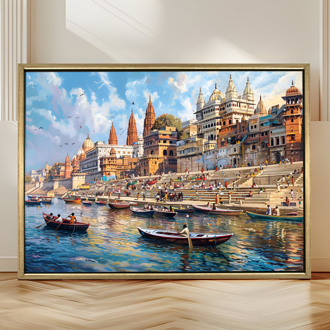 Banaras Ghats Painting Wall Art – Varanasi Riverfront with Golden Floater Frame – HD Print Large Canvas, Ready to Hang, Size: 3X4FT, (BAWA19)