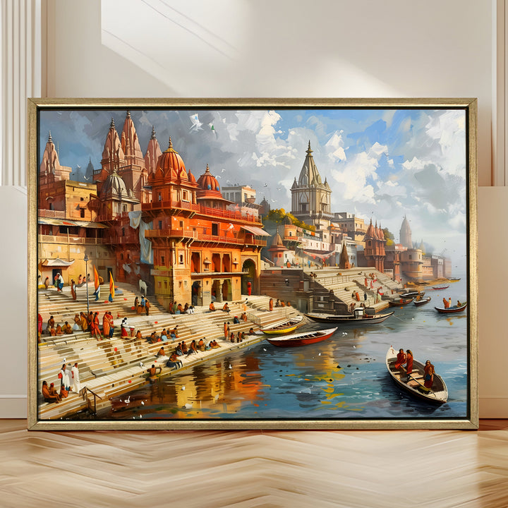 Banaras Ghats Painting Wall Art – Varanasi Riverfront with Golden Floater Frame – HD Print Large Canvas, Ready to Hang, Size: 3X4FT, (BAWA09)