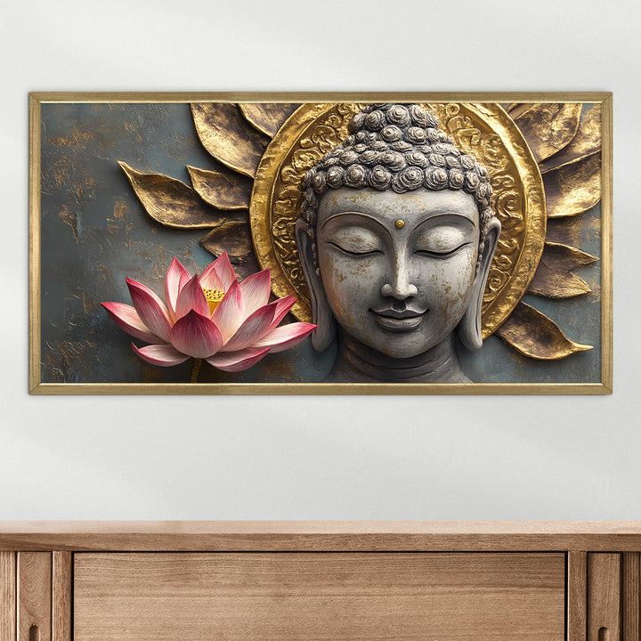 Buddha with Red Lotus Wall Art, HD Canvas Print, Golden Box Framed, Ready to Hang, (24 In x 48 In) (BDWA31)