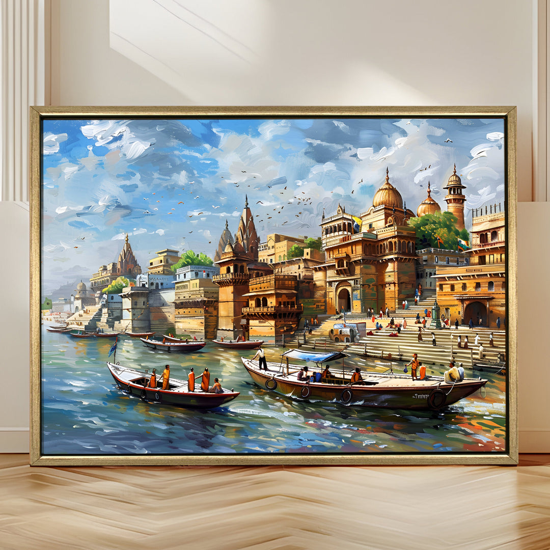 Banaras Ghats Painting Wall Art – Varanasi Riverfront with Golden Floater Frame – HD Print Large Canvas, Ready to Hang, Size: 3X4FT, (BAWA17)