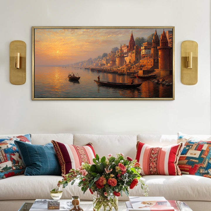 Banaras Ghats Painting Wall Art – Varanasi Riverfront with Golden Floater Frame – HD Print Large Canvas, Ready to Hang, Size: 2X4FT, (BAWA33)