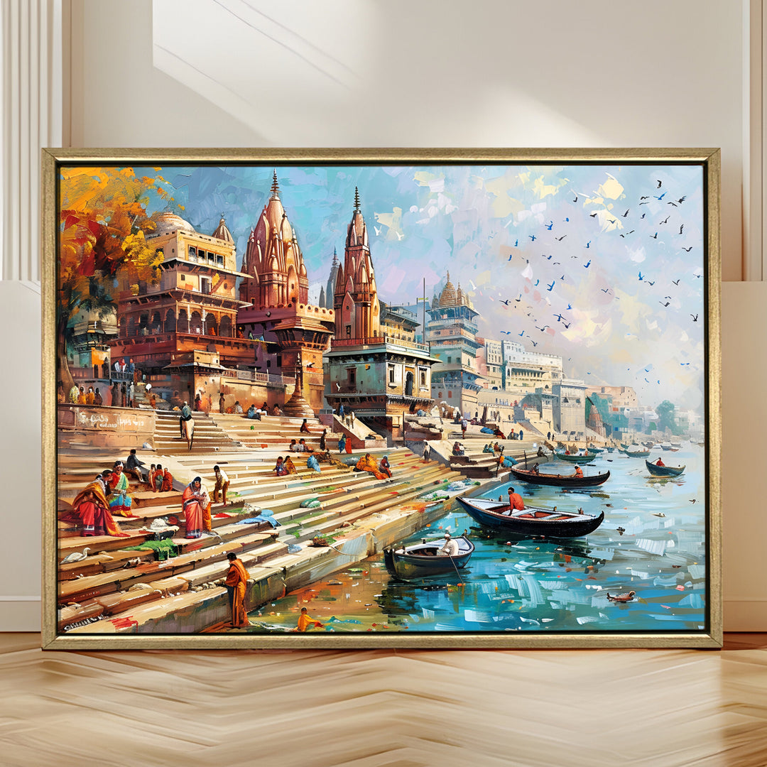 Banaras Ghats Painting Wall Art – Varanasi Riverfront with Golden Floater Frame – HD Print Large Canvas, Ready to Hang, Size: 3X4FT, (BAWA01).