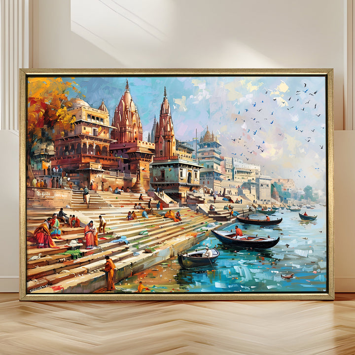 Banaras Ghats Painting Wall Art – Varanasi Riverfront with Golden Floater Frame – HD Print Large Canvas, Ready to Hang, Size: 3X4FT, (BAWA01).
