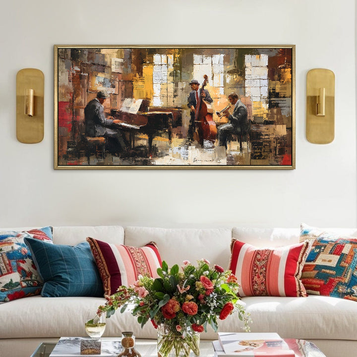 Jazz Quartet in Rustic Studio Wall Art, HD Canvas Print, Golden Floater Framed, Ready to Hang, (24 In x 48 In) (MUSIC-WA-01)