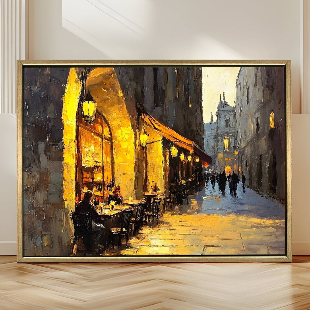 Sunset view from a rooftop bistro in Barcelona Wall Art, HD Canvas Print, Golden Floater Framed, Ready to Hang, (36 In x 48 In) (CAFE-WA-11)