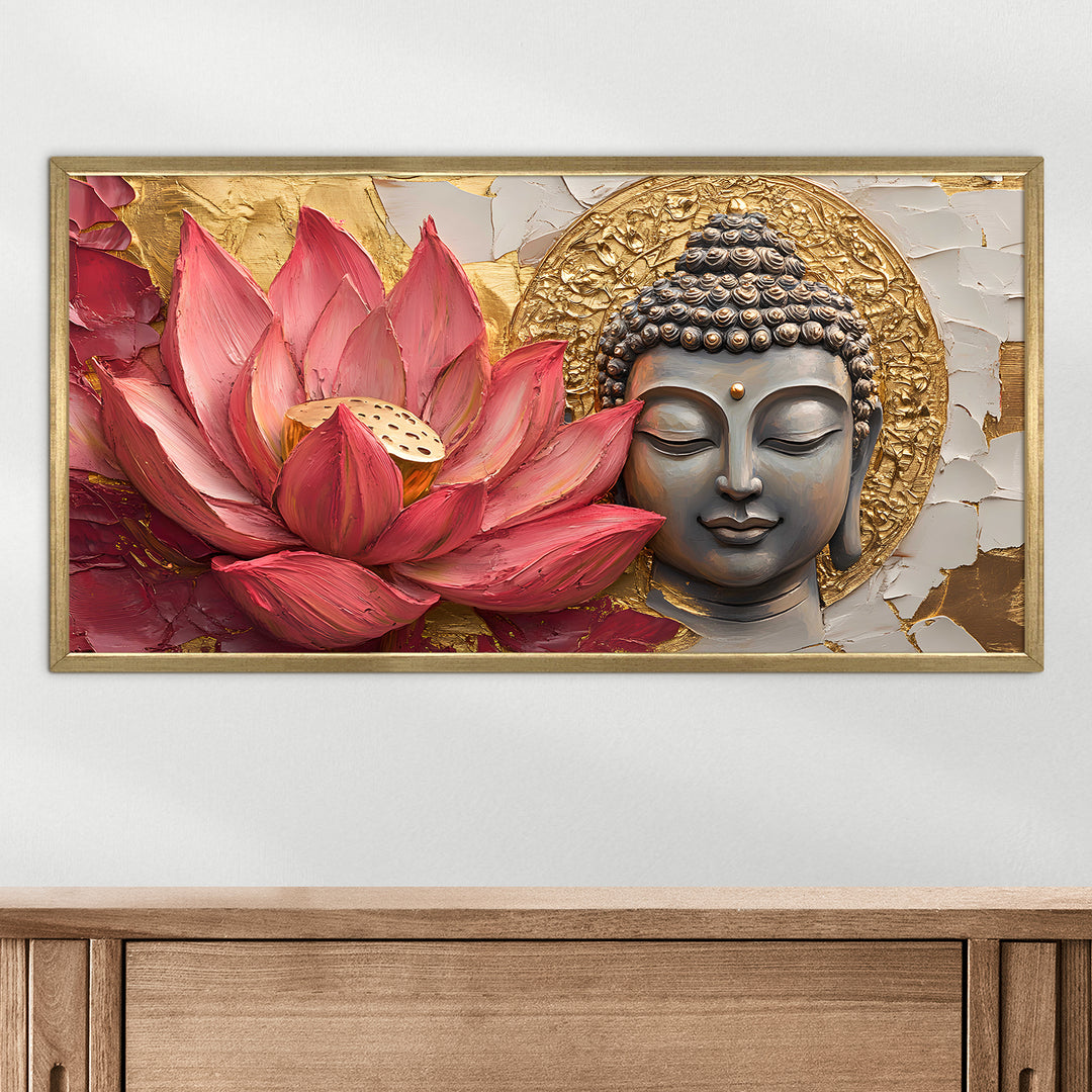 Buddha with Red Lotus Wall Art, HD Canvas Print, Golden Box Framed, Ready to Hang, (24 In x 48 In) (BDWA30)