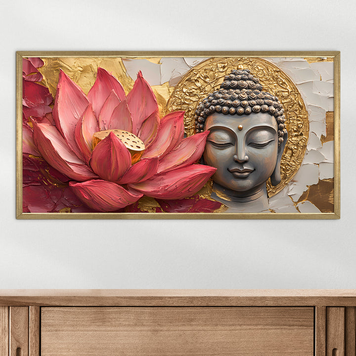Buddha with Red Lotus Wall Art, HD Canvas Print, Golden Box Framed, Ready to Hang, (24 In x 48 In) (BDWA30)