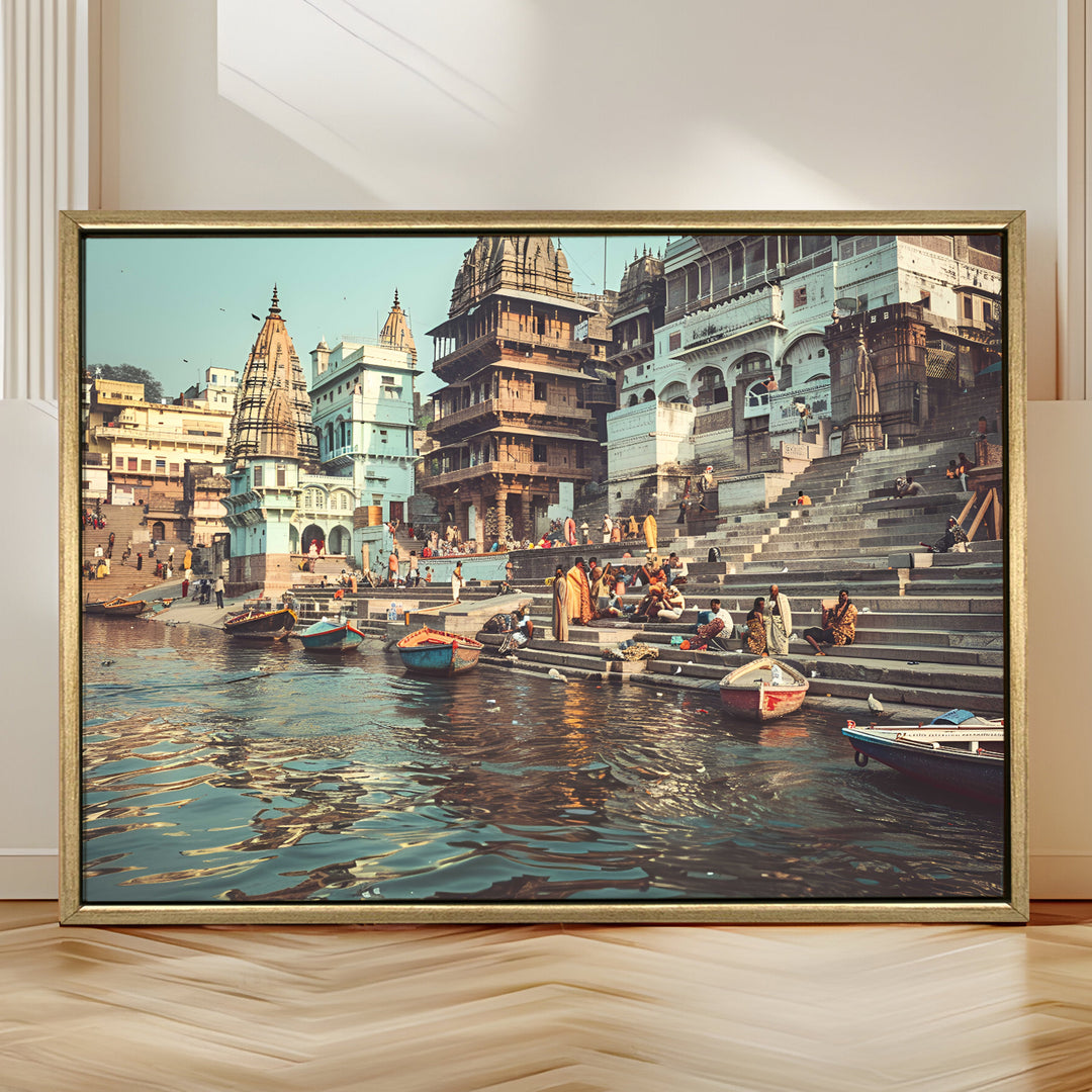 Banaras Ghats Painting Wall Art – Varanasi Riverfront with Golden Floater Frame – HD Print Large Canvas, Ready to Hang, Size: 3X4FT, (BAWA29)