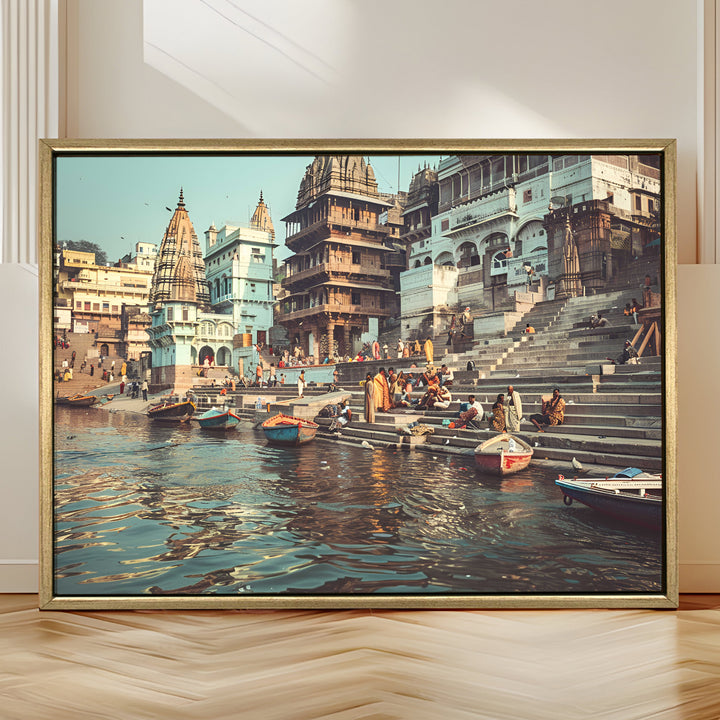 Banaras Ghats Painting Wall Art – Varanasi Riverfront with Golden Floater Frame – HD Print Large Canvas, Ready to Hang, Size: 3X4FT, (BAWA29)
