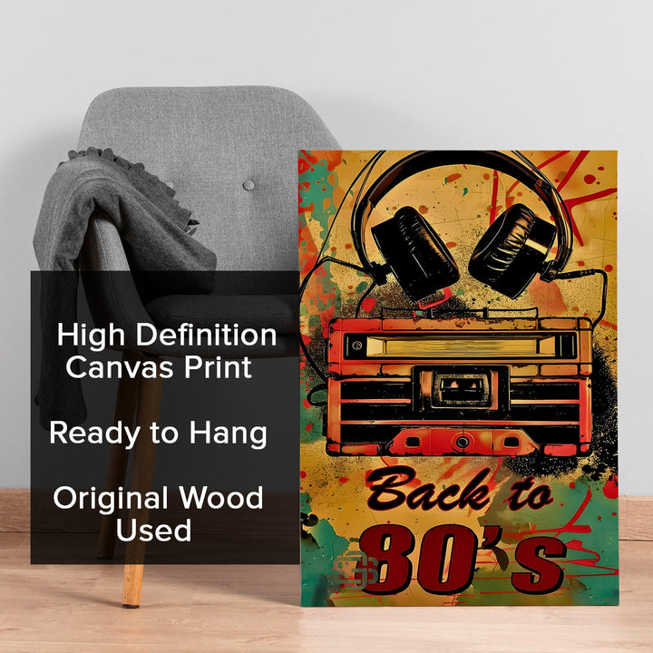 Back to 80’s – Retro Boombox & Headphones Pop Wall Art, HD Canvas Print, Framed, Ready to Hang. (POMWA342)