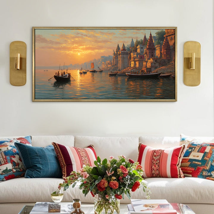 Banaras Ghats Painting Wall Art – Varanasi Riverfront with Golden Floater Frame – HD Print Large Canvas, Ready to Hang, Size: 2X4FT, (BAWA35)