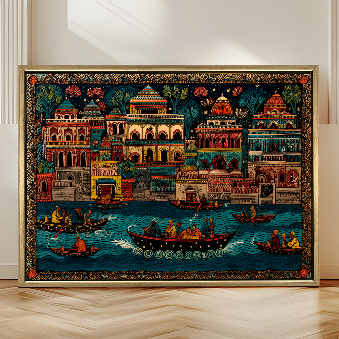 Banaras Ghats Painting Wall Art – Varanasi Riverfront with Golden Floater Frame – HD Print Large Canvas, Ready to Hang, Size: 3X4FT, (BAWA22)