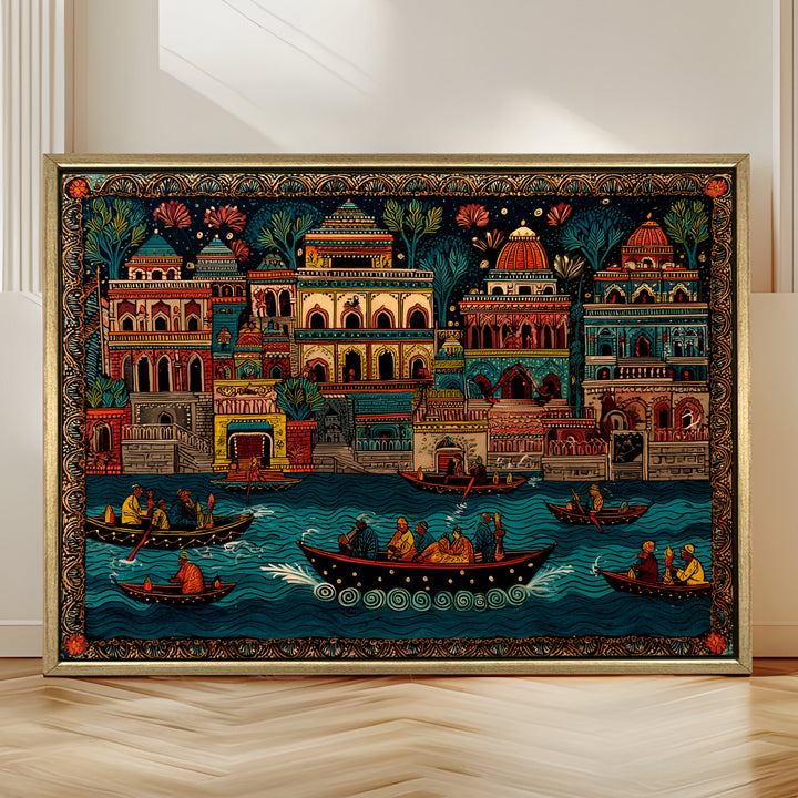 Banaras Ghats Painting Wall Art – Varanasi Riverfront with Golden Floater Frame – HD Print Large Canvas, Ready to Hang, Size: 3X4FT, (BAWA22)