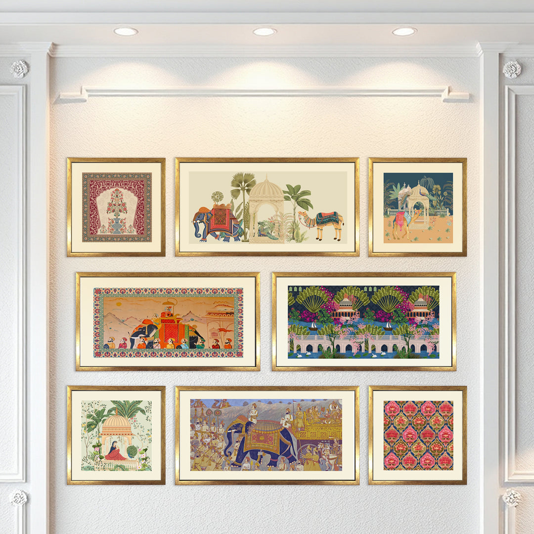 Royal Mughal Miniature Art – Set of 8 Acrylic Paintings in Golden Box Frames (MUGHAL-8F-01)