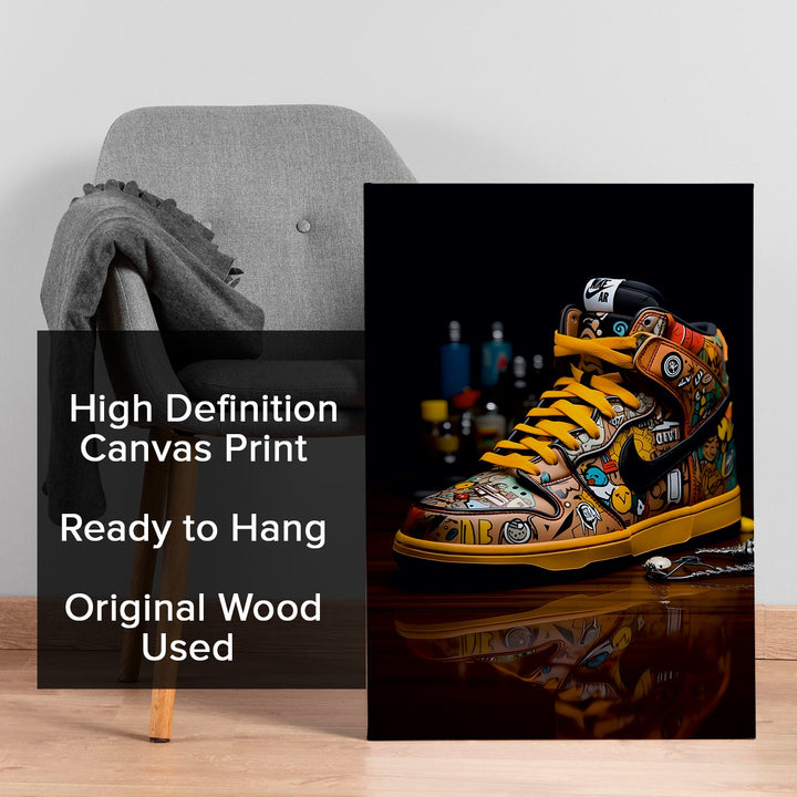 Vibrant Sneaker Wall Art with Graffiti Doodle Painting, HD Canvas Print, Framed, Ready to Hang. (POMWA327)