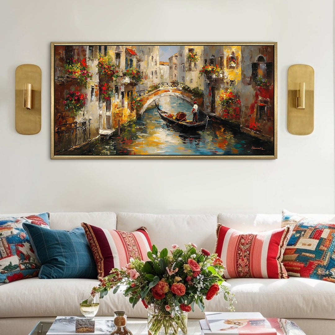 European Gondola Wall Art, HD Canvas Print, Golden Floater Framed, Ready to Hang, (24 In x 48 In). (EURP-WA-10)