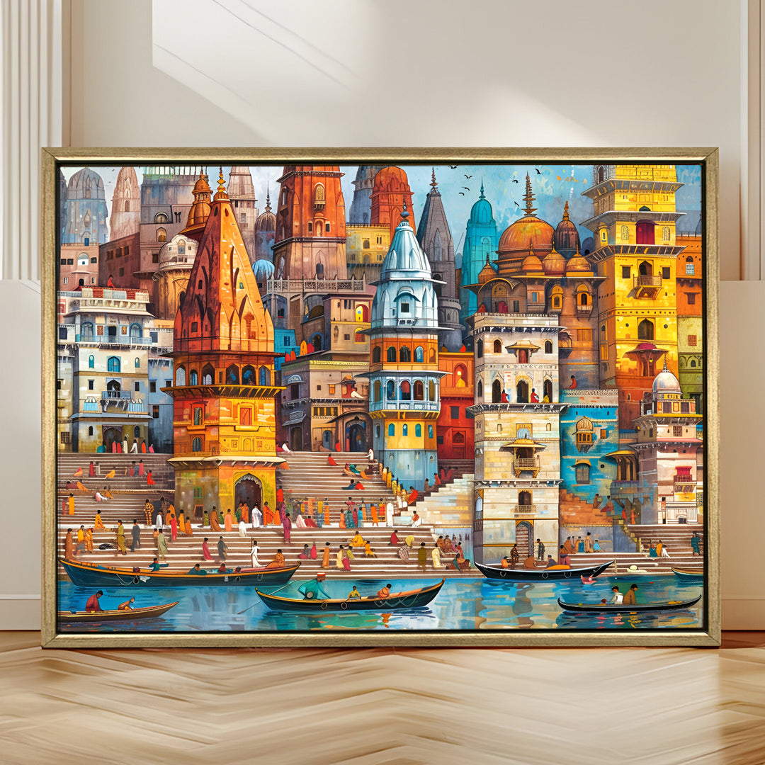 Banaras Ghats Painting Wall Art – Varanasi Riverfront with Golden Floater Frame – HD Print Large Canvas, Ready to Hang, Size: 3X4FT, (BAWA25)