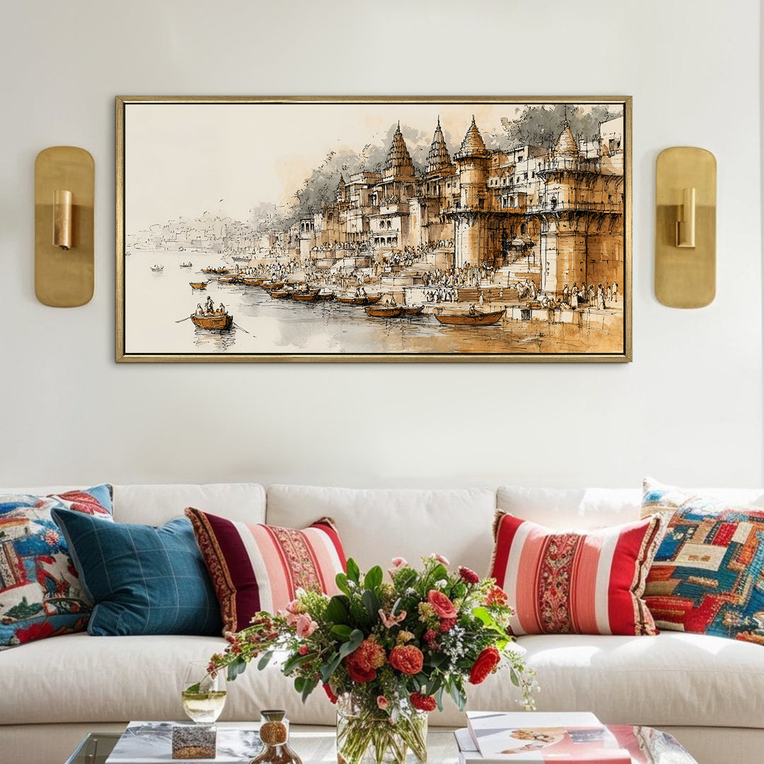 Banaras Ghats Painting Wall Art – Varanasi Riverfront with Golden Floater Frame – HD Print Large Canvas, Ready to Hang, Size: 2X4FT, (BAWA42)