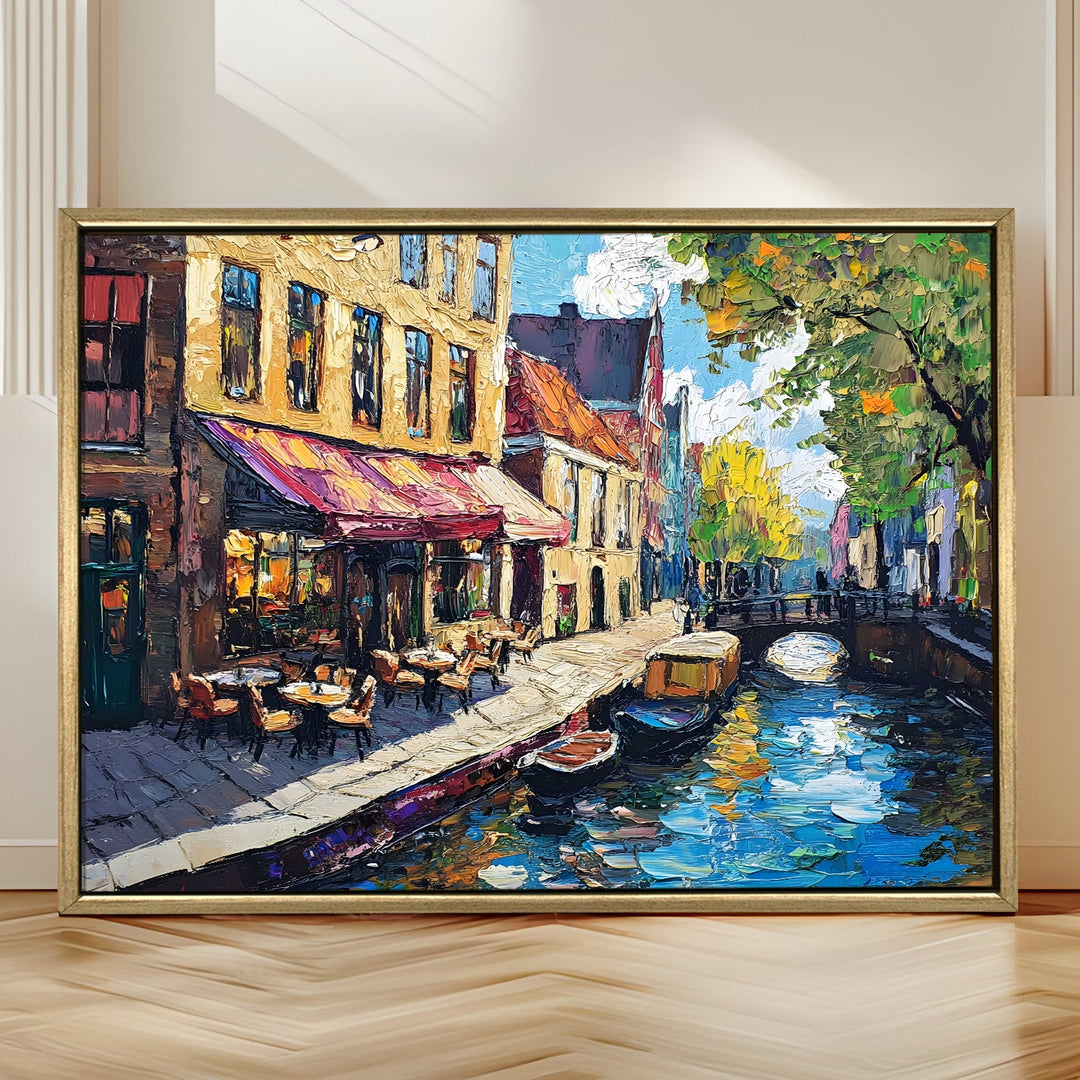 Canal-side brunch café in Amsterdam Wall Art, HD Canvas Print, Golden Floater Framed, Ready to Hang, (36 In x 48 In) (CAFE-WA-12)