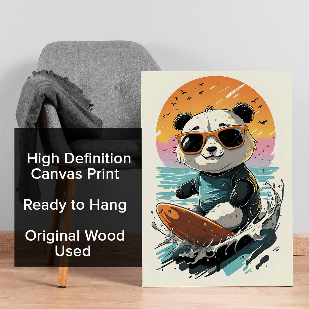 Surf’s Up Panda – Cute Cartoon Wall Art Painting, HD Canvas Print, Framed, Ready to Hang. (POMWA320)