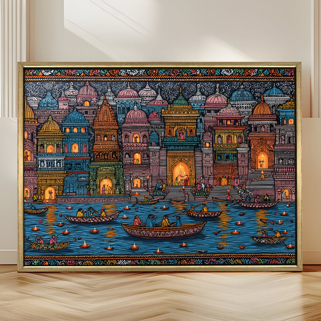 Banaras Ghats Painting Wall Art – Varanasi Riverfront with Golden Floater Frame – HD Print Large Canvas, Ready to Hang, Size: 3X4FT, (BAWA21)
