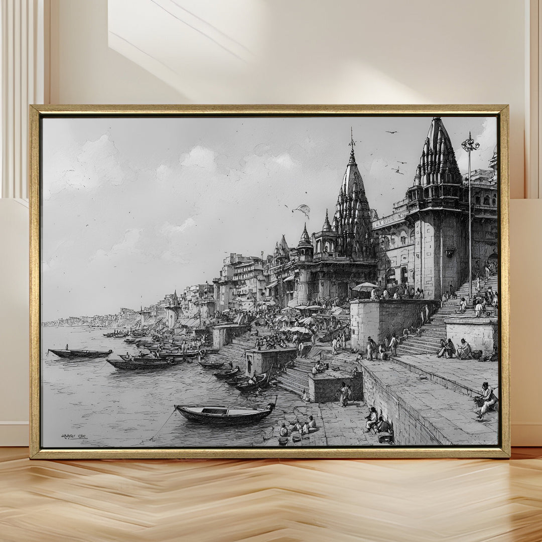 Banaras Ghats Painting Wall Art – Varanasi Riverfront with Golden Floater Frame – HD Print Large Canvas, Ready to Hang, Size: 3X4FT, (BAWA12)