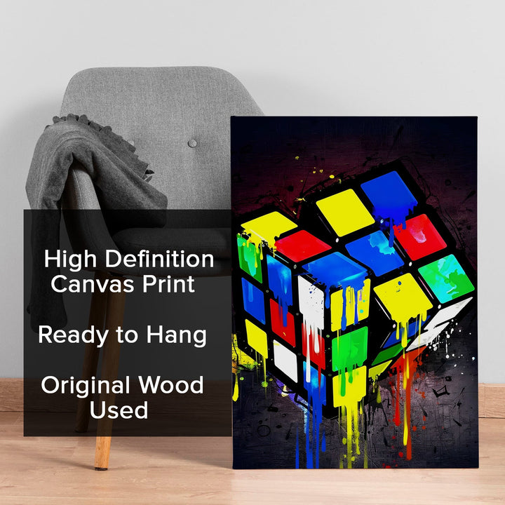 Rubik’s Cube Pop - Dripping Colors Graffiti Style Wall Art, HD Canvas Print, Framed, Ready to Hang. (POMWA346)