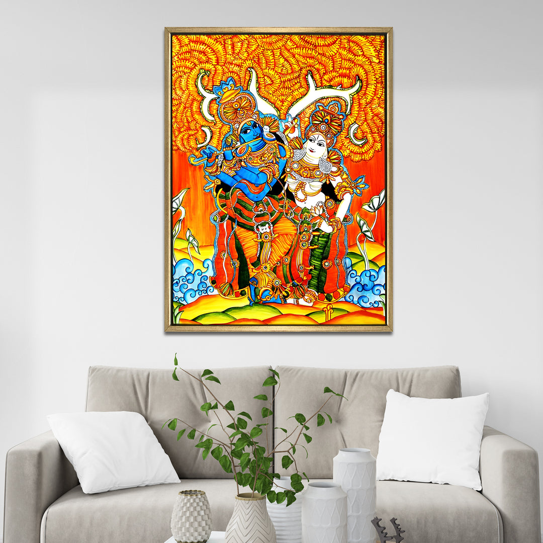 Kerala Mural Canvas Print Painting with Golden Floating Frame – Traditional Indian Wall Art for Home & Office Decor – Size: 3X4 Feet (KAMUWA07)