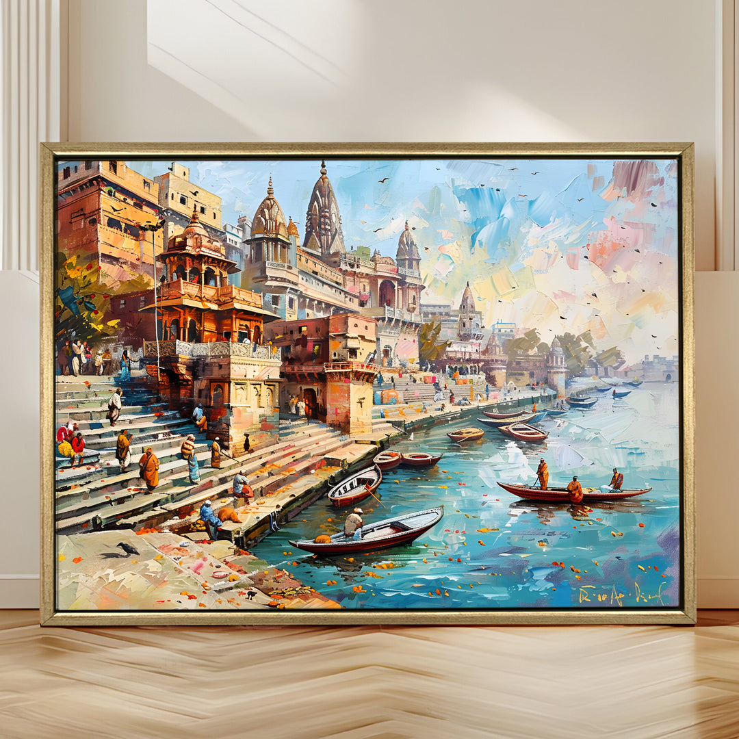 Banaras Ghats Painting Wall Art – Varanasi Riverfront with Golden Floater Frame – HD Print Large Canvas, Ready to Hang, Size: 3X4FT, (BAWA28)