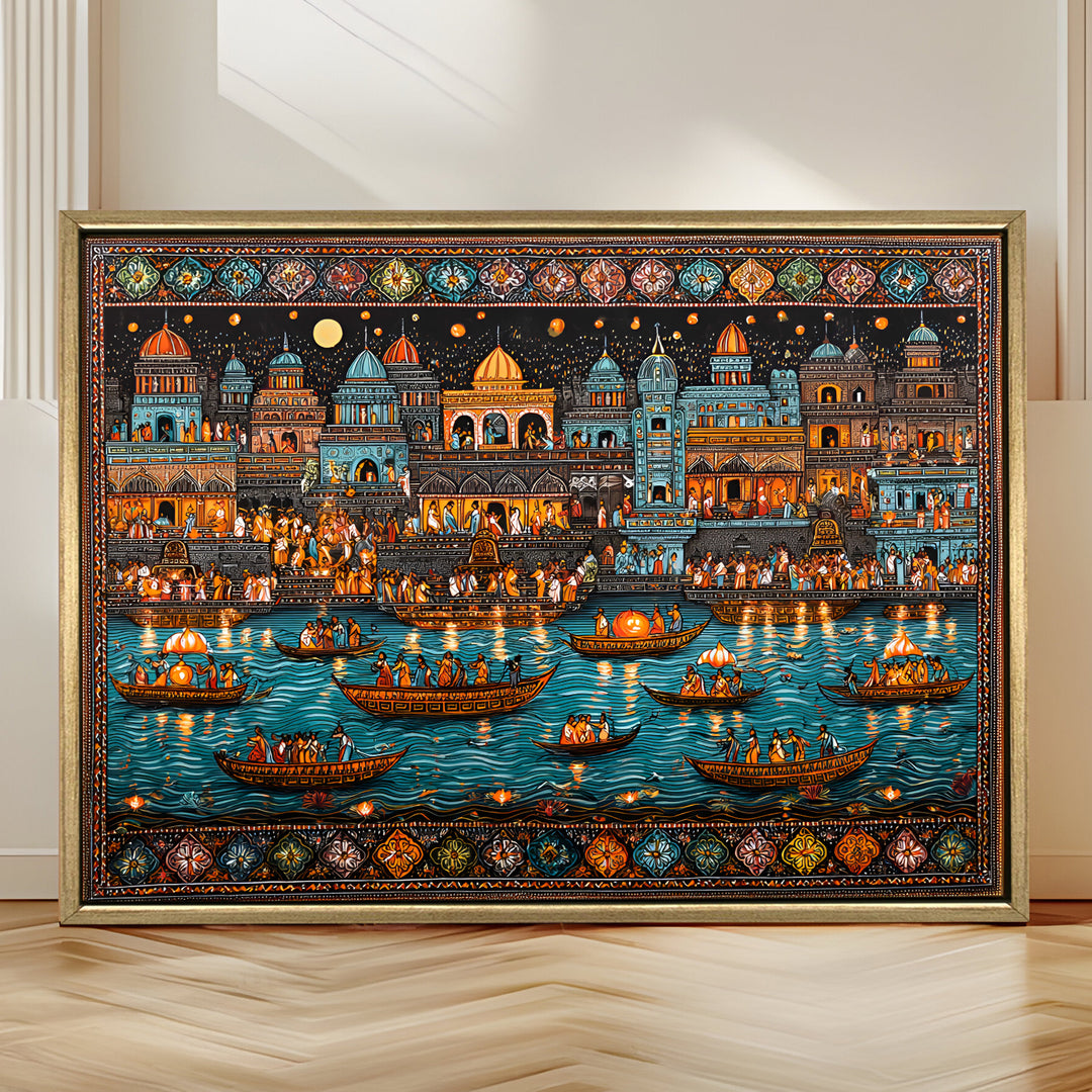 Banaras Ghats Painting Wall Art – Varanasi Riverfront with Golden Floater Frame – HD Print Large Canvas, Ready to Hang, Size: 3X4FT, (BAWA20)