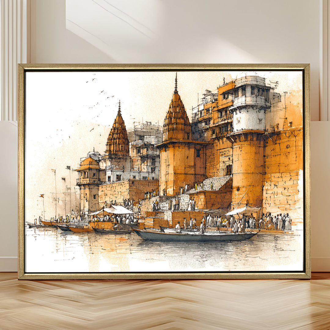 Banaras Ghats Painting Wall Art – Varanasi Riverfront with Golden Floater Frame – HD Print Large Canvas, Ready to Hang, Size: 3X4FT, (BAWA15)