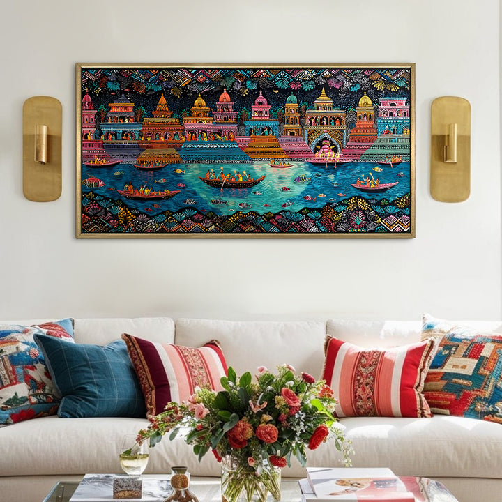 Banaras Ghats Painting Wall Art – Varanasi Riverfront with Golden Floater Frame – HD Print Large Canvas, Ready to Hang, Size: 2X4FT, (BAWA46)