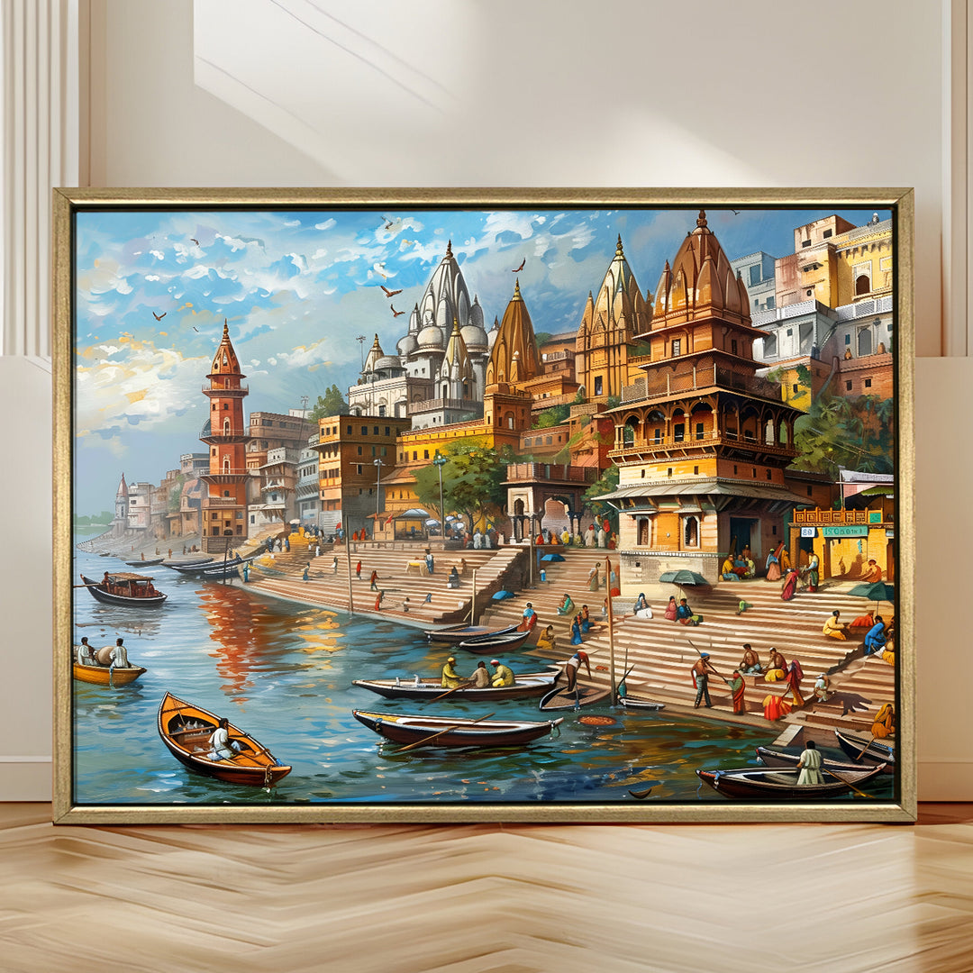 Banaras Ghats Painting Wall Art – Varanasi Riverfront with Golden Floater Frame – HD Print Large Canvas, Ready to Hang, Size: 3X4FT, (BAWA26)