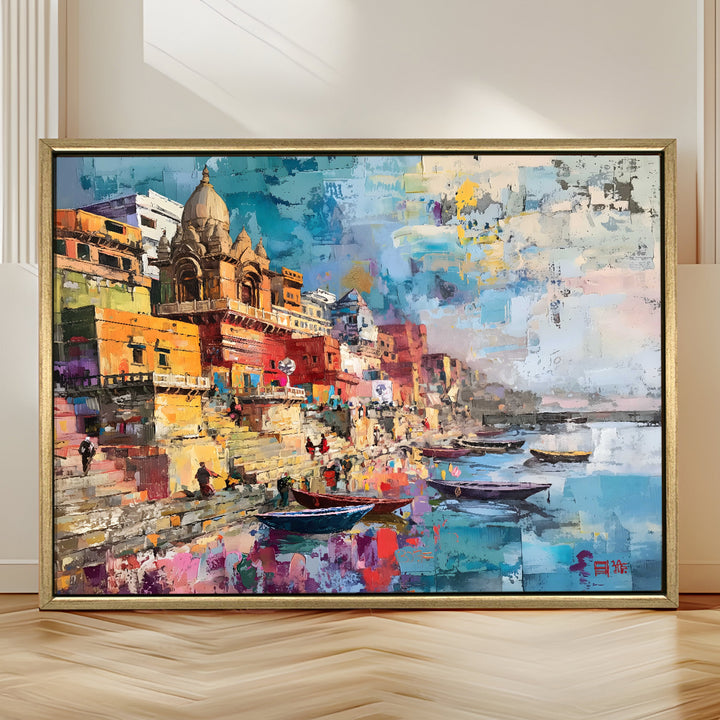 Banaras Ghats Painting Wall Art – Varanasi Riverfront with Golden Floater Frame – HD Print Large Canvas, Ready to Hang, Size: 3X4FT, (BAWA31)