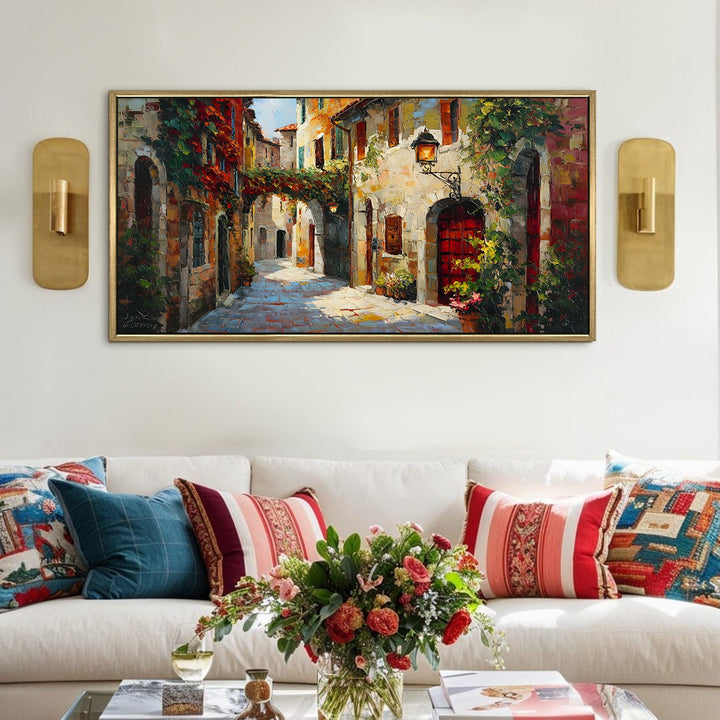 Romantic Tuscan Street Wall Art, HD Canvas Print, Golden Floater Framed, Ready to Hang, (24 In x 48 In). (EURP-WA-08)