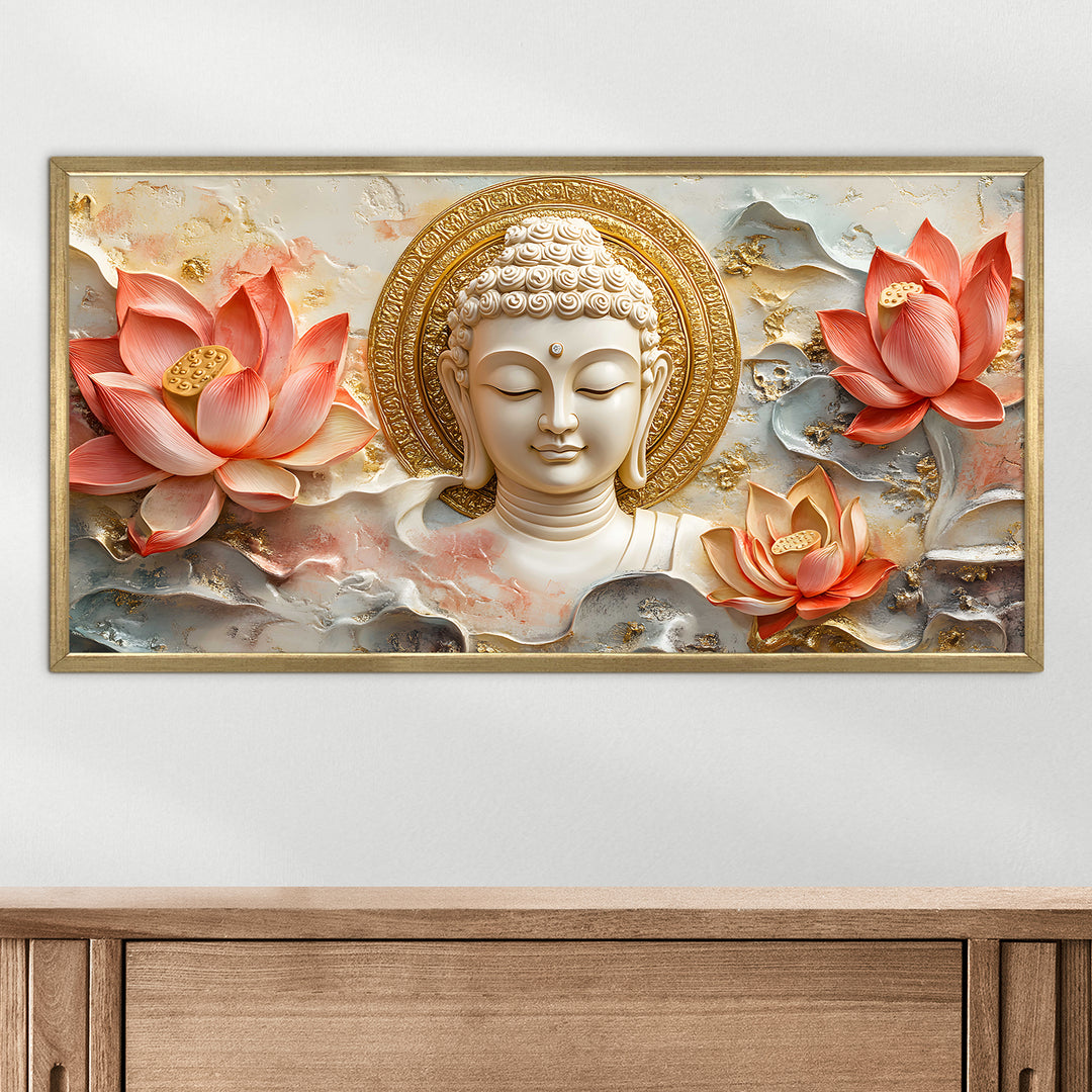 Serene Buddha & Red Lotus Wall Art, HD Canvas Print, Golden Box Framed, Ready to Hang, (24 In x 48 In) (BDWA28)