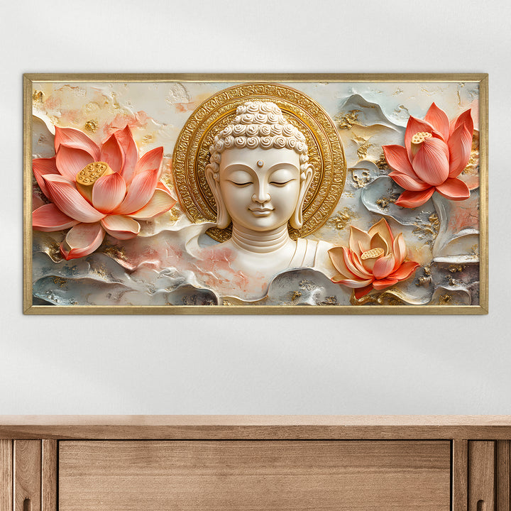 Serene Buddha & Red Lotus Wall Art, HD Canvas Print, Golden Box Framed, Ready to Hang, (24 In x 48 In) (BDWA28)