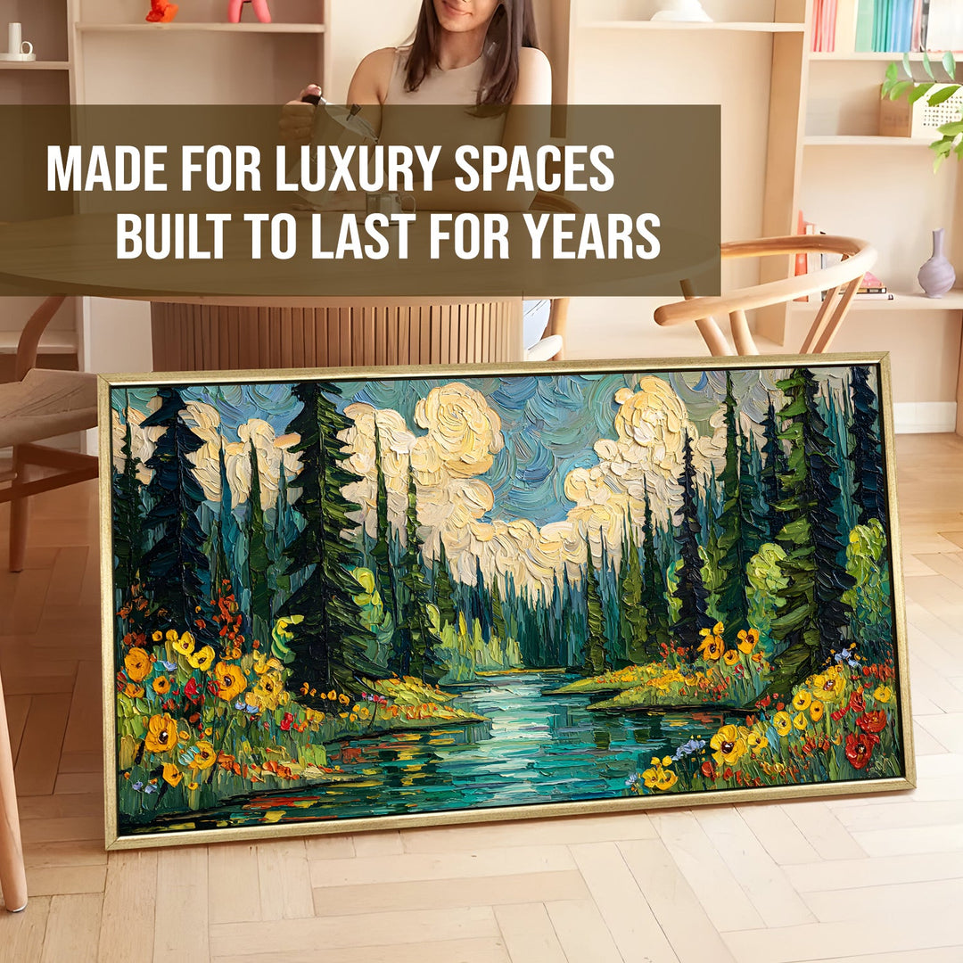 Vibrant Forest Scene with Sparkling River Wall Art, HD Canvas Print, Golden Floater Framed, Ready to Hang, (24 In x 48 In) (VNG-WA-02)