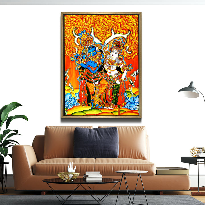 Kerala Mural Canvas Print Painting with Golden Floating Frame – Traditional Indian Wall Art for Home & Office Decor – Size: 3X4 Feet (KAMUWA07)
