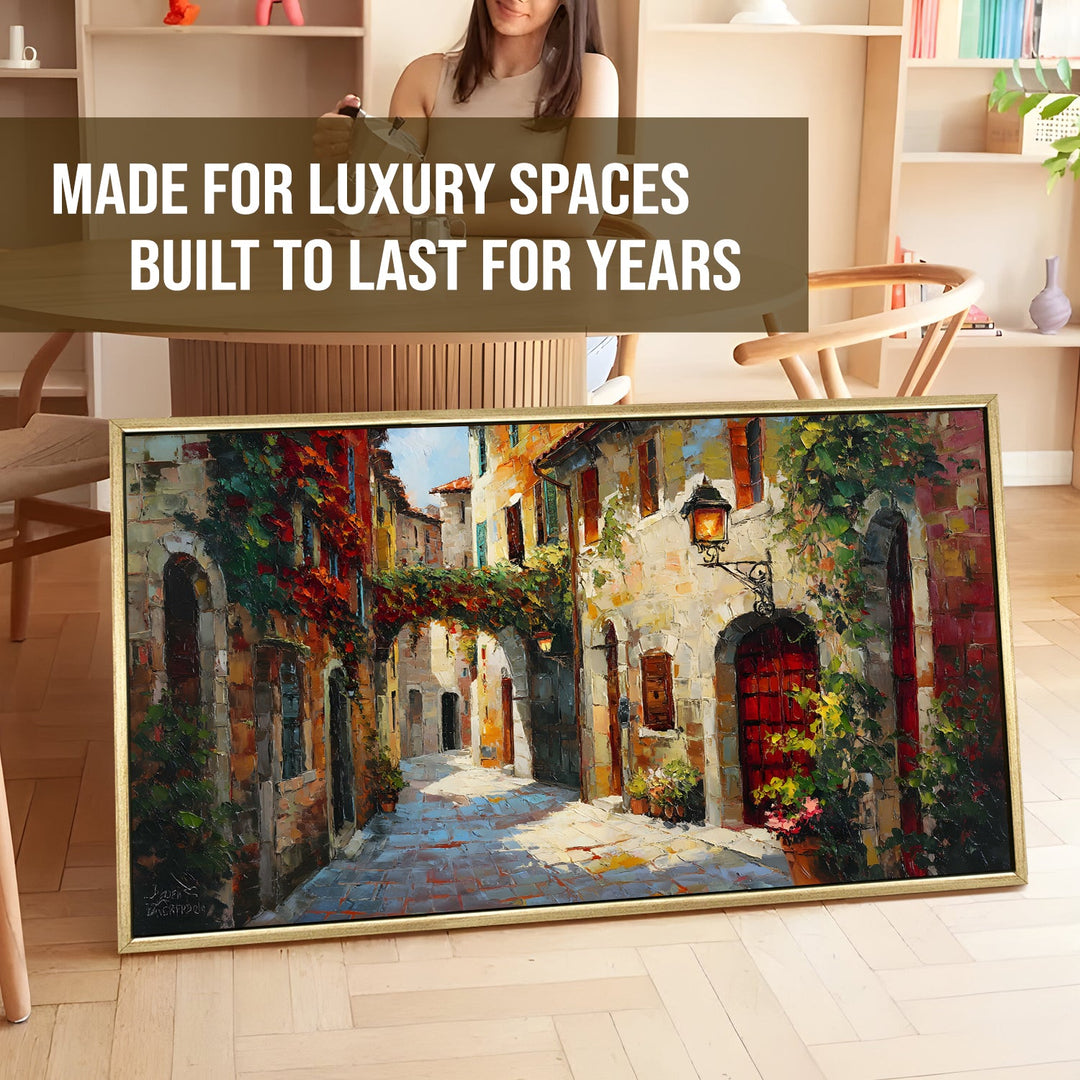 Romantic Tuscan Street Wall Art, HD Canvas Print, Golden Floater Framed, Ready to Hang, (24 In x 48 In). (EURP-WA-08)