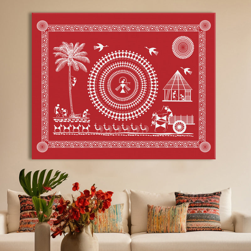 Indian Ethnic Warli Wall Art Large Size Canvas Painting For Home Decoration