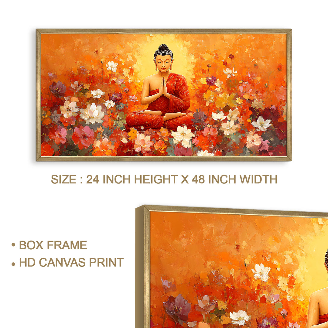Meditating Buddha in Floral Bliss Wall Art, HD Canvas Print, Golden Box Framed, Ready to Hang, (24 In x 48 In) (BDWA32)