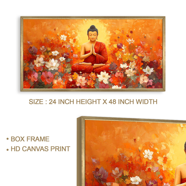 Meditating Buddha in Floral Bliss Wall Art, HD Canvas Print, Golden Box Framed, Ready to Hang, (24 In x 48 In) (BDWA32)