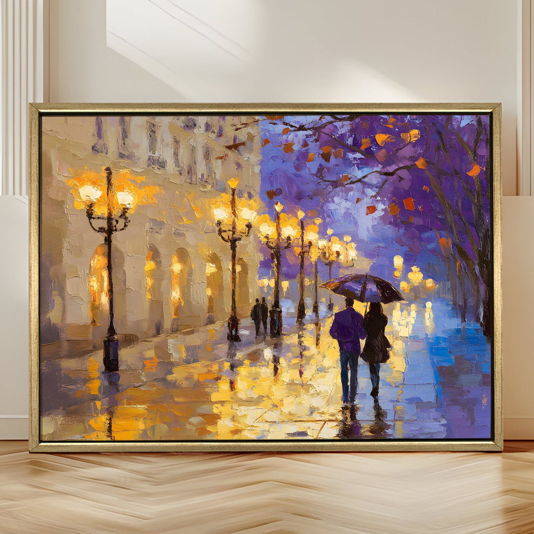 Rainy street with reflections of warm lights Wall Art, HD Canvas Print, Golden Floater Framed, Ready to Hang, (36 In x 48 In) (CAFE-WA-01)
