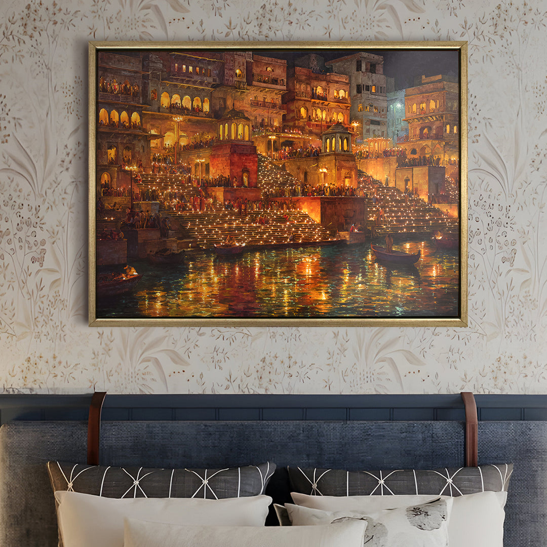 Banaras Ghats Painting Wall Art – Varanasi Riverfront with Golden Floater Frame – HD Print Large Canvas, Ready to Hang, Size: 3X4FT, (BAWA18)