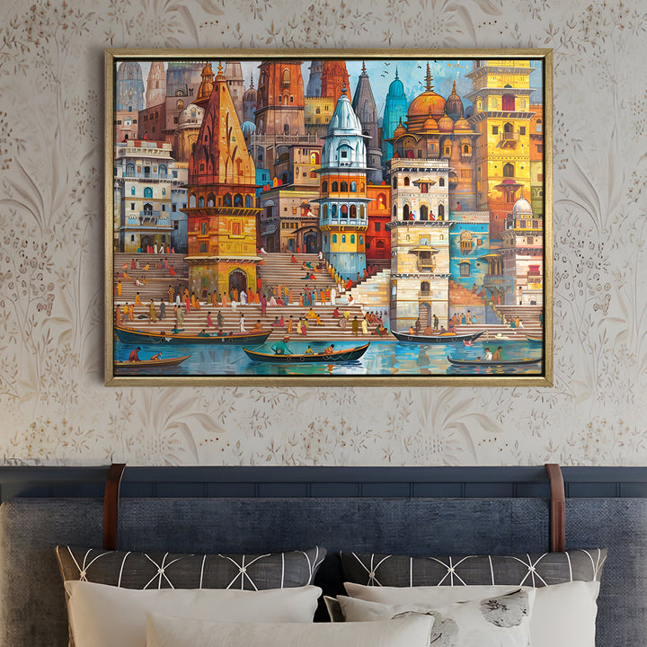 Banaras Ghats Painting Wall Art – Varanasi Riverfront with Golden Floater Frame – HD Print Large Canvas, Ready to Hang, Size: 3X4FT, (BAWA25)