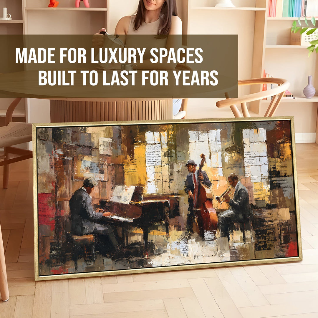 Jazz Quartet in Rustic Studio Wall Art, HD Canvas Print, Golden Floater Framed, Ready to Hang, (24 In x 48 In) (MUSIC-WA-01)