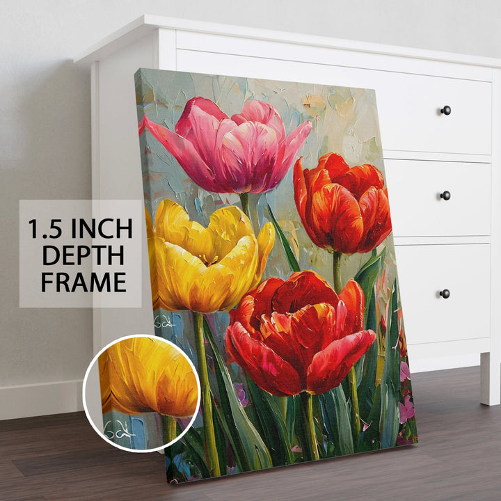 Vibrant Tulip Symphony Wall Art Painting, HD Canvas Print, Framed, Ready to Hang. (FLWA71)